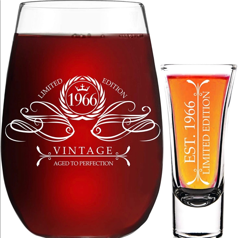 1966 Birthday Gift 13 Oz Wine Glass + 2 Oz Shot Glass